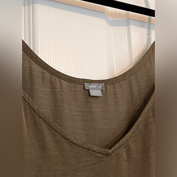 Aerie Olive Green Maxi Satin Slip Dress, Raw Hem, Leg Slits, Size Large - Picture 2 of 8